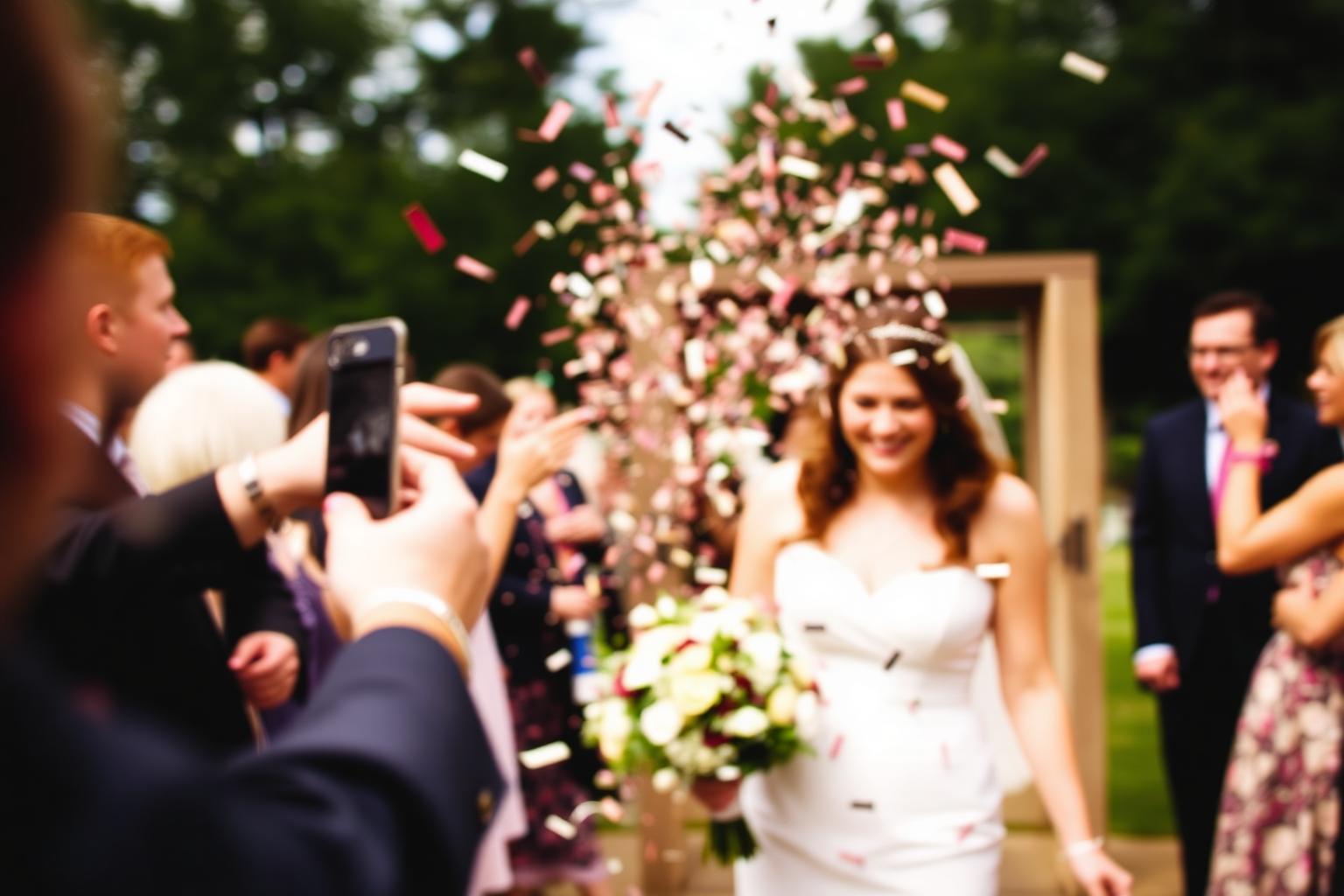 Guests throwing confetti as the newlyweds exit the ceremony